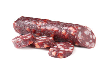 Delicious dry cured sausage isolated on white