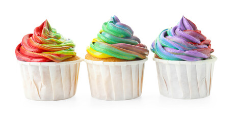 Delicious cupcakes with colorful cream isolated on white