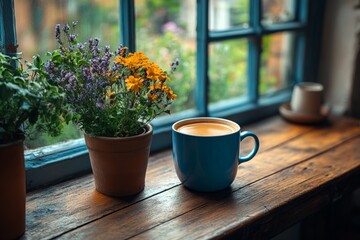 Enjoying a warm cup of coffee beside blooming flowers on a cozy windowsill