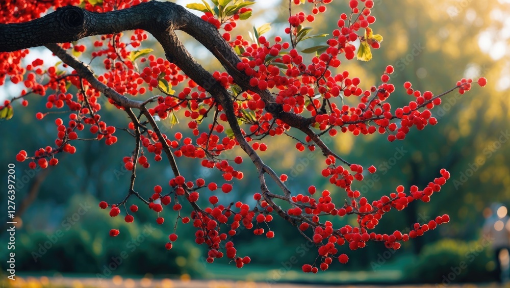 Aufkleber bright red berries on a tree branch with blurred soft-focus background and warm light during golden 