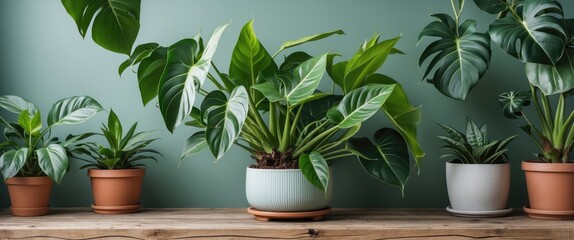 Indoor plants in various pots arranged on a wooden shelf against a green wall showcasing diverse foliage varieties