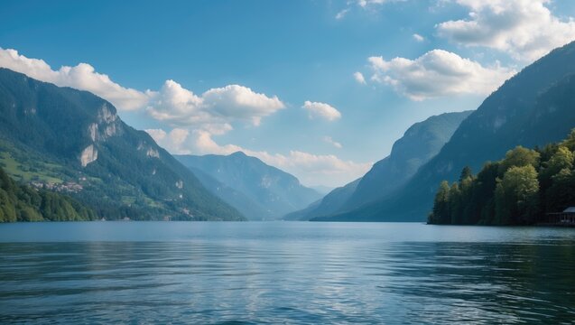 Mountain lake landscape with reflection of clouds in the water under clear blue sky and green vegetation along the shore
