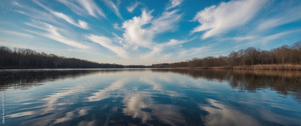 Aufkleber panoramic view of a tranquil lake reflecting blue sky and wispy clouds with surrounding trees and ma