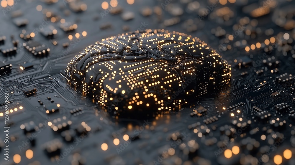 Poster close-up view of a circuit board featuring a glowing brain-like structure, symbolizing technology an