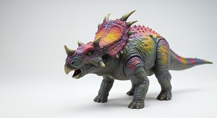 Fototapeta premium Colorful Styracosaurus Dinosaur Toy Figure Standing on White Background