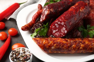 Different smoked sausages, parsley, peppercorns, tomatoes and chili pepper on grey textured table, closeup