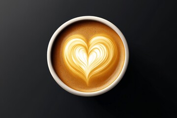 Coffee cup with latte art featuring a heart shape displayed on a dark background