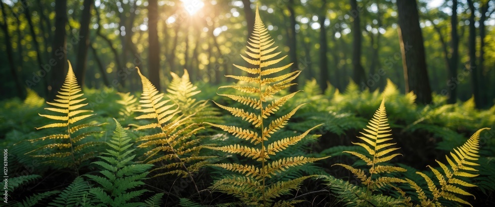 Poster sunlight filtering through trees illuminating green ferns in a forest during late afternoon creating