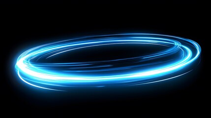 Luminous blue trails form an elliptical shape against black