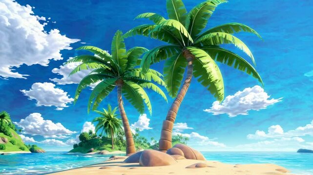 Vibrant animation of a tropical beach with palm trees, viewed from a low angle, resembling a video game cutscene with bright, saturated colors.