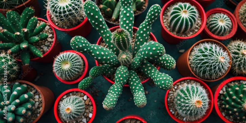 Aufkleber variety of cacti in red pots arranged on a surface viewed from above with focus on unique shapes and