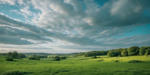 Obraz premium Lush green meadow landscape under partly cloudy sky with distant trees and rolling hills during the day in a rural setting