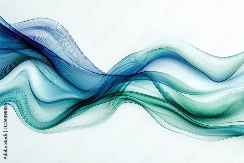 Poster abstract flowing waves in shades of blue and green on a white background, creating a dynamic and tra