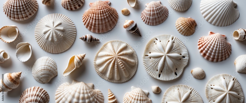 Poster various seashells arranged on a light background displaying intricate patterns and textures of marin