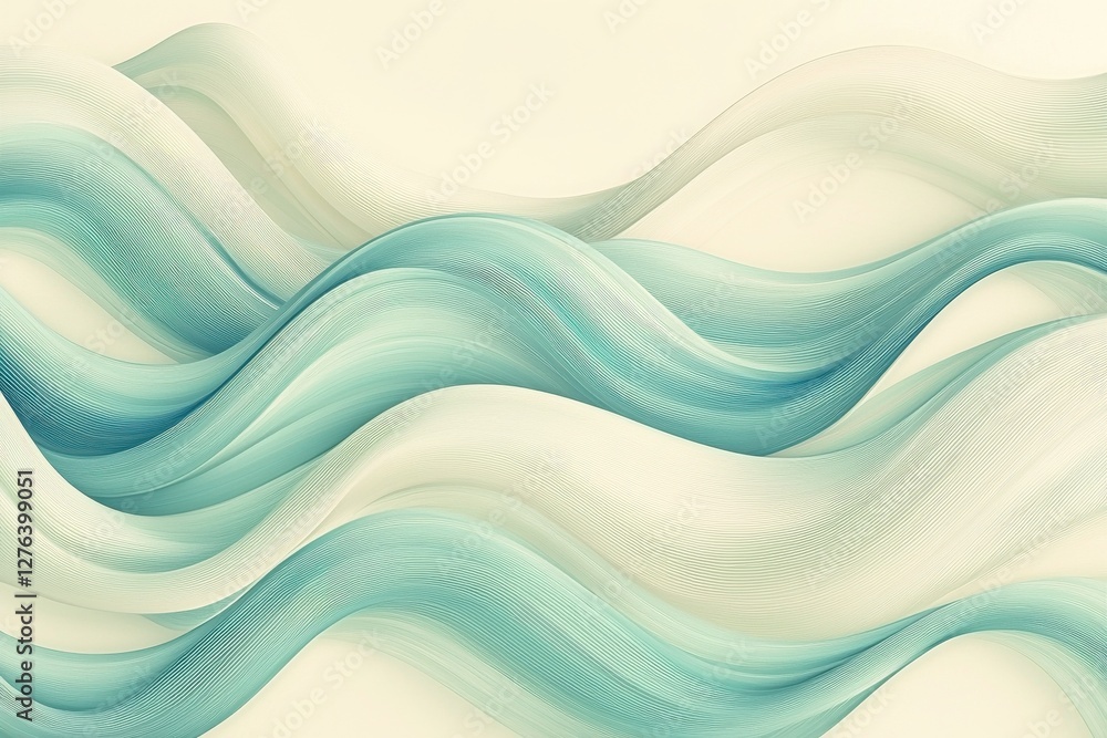 Poster a soothing abstract background showcasing layered waves in soft teal and cream, creating a calming a