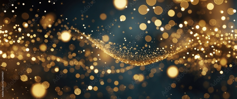 Poster golden glittering particles in a dark background with bokeh effect creating a sense of depth and tex