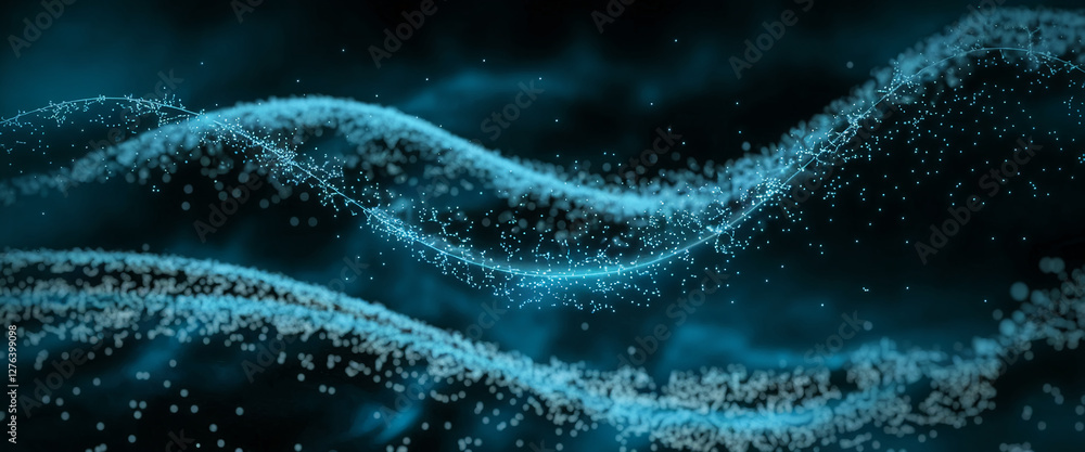 Poster a dynamic and artistic representation of floating digital particles forming abstract waves, symboliz