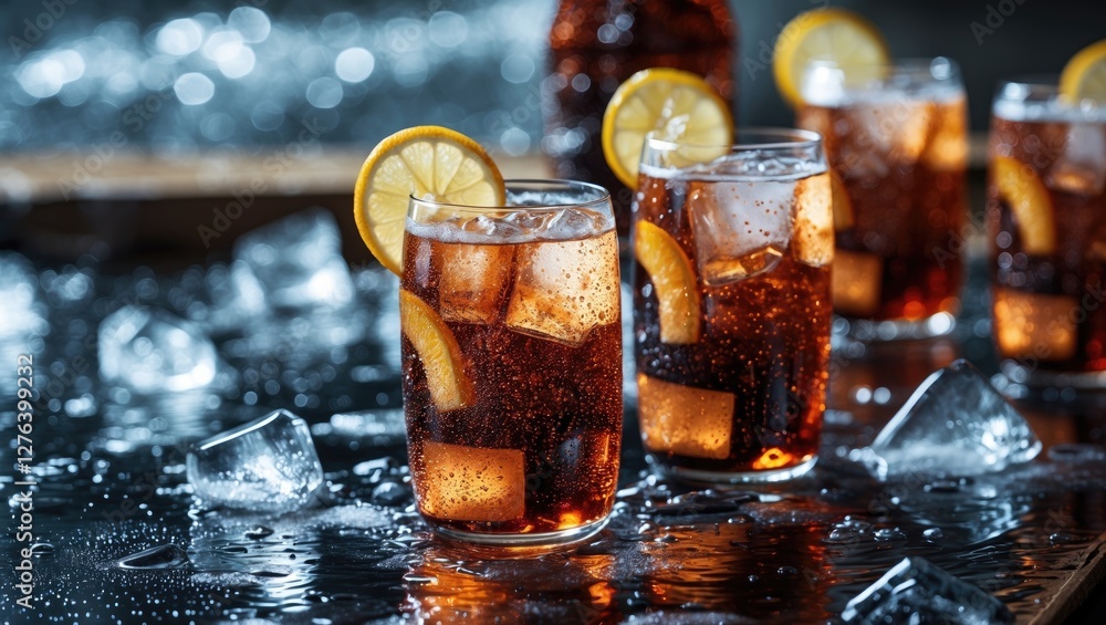 Poster refreshing soft drinks with ice and lemon slices on a wooden table with droplets of water in a dimly