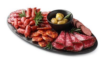 Different smoked sausages and other snacks isolated on white