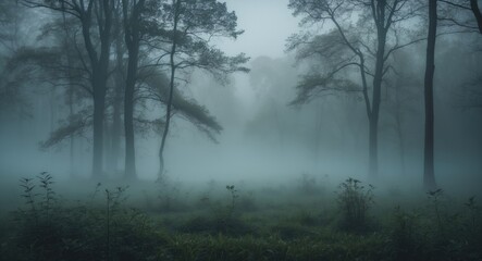 Fototapeta premium Foggy forest landscape with tall trees in a misty atmosphere and dense underbrush during early morning light.