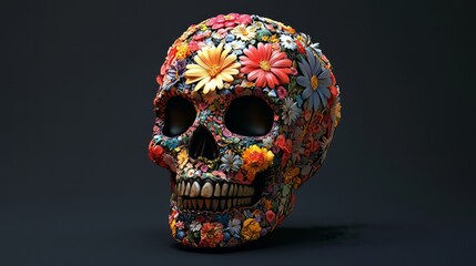 Floral Skull Design. Day Of The Dead Concept. Colorful Flower Covered Skull On Dark Background.