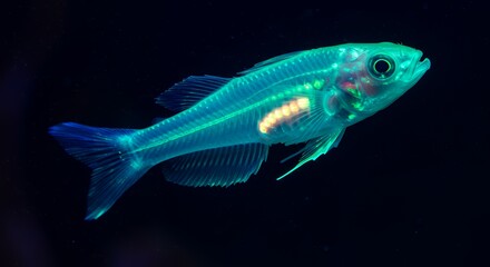 Fototapeta premium Glowing Glassfish Close-up Revealing Internal Anatomy Against a Black Background
