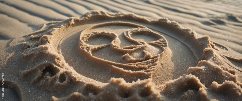 Poster sand drawing of a smiley face in the beach sand with textured patterns and soft sunlight illuminatin