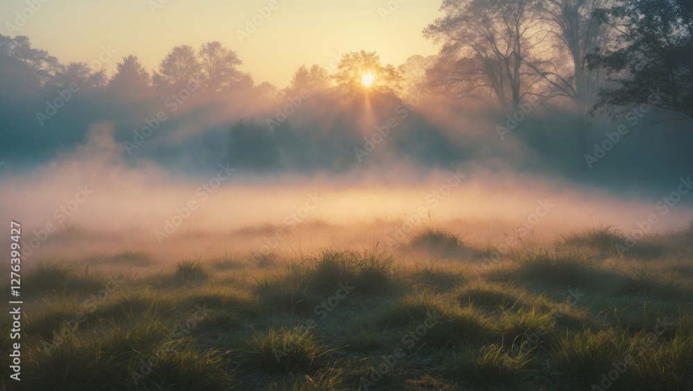 Poster sunrise over misty meadow with fog and sunlight rays illuminating grass and trees in background