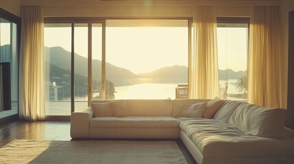 Fototapeta premium Luxury Living Room With A Sunset View. Elegant Interior With Mountain And Water View.