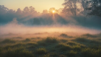Naklejka premium Sunrise over misty meadow with fog and sunlight rays illuminating grass and trees in background