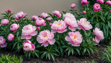 Obraz premium Pink peonies blooming in garden bed with lush green leaves against neutral background