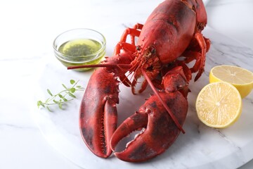 Delicious boiled lobster with oil, microgreens and lemon pieces on white table, closeup