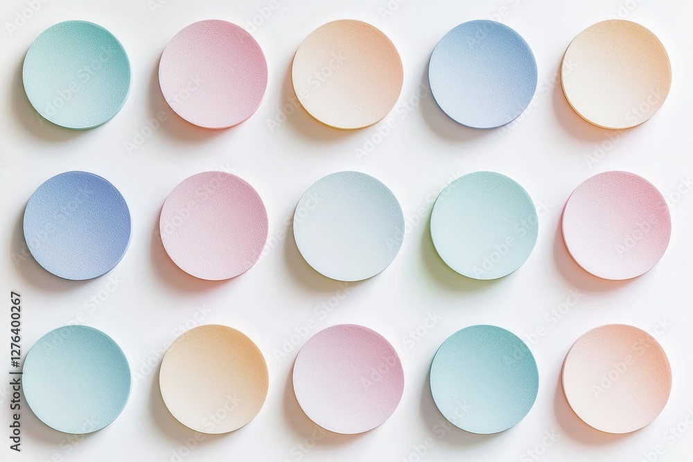 Poster pastel circles arranged in a grid pattern on white background, minimalist aesthetic with soft, muted