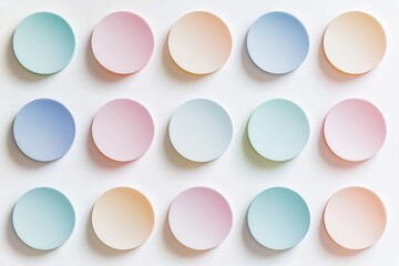 Pastel circles arranged in a grid pattern on white background, minimalist aesthetic with soft, muted tones creating a calming and contemporary design, great for backgrounds.