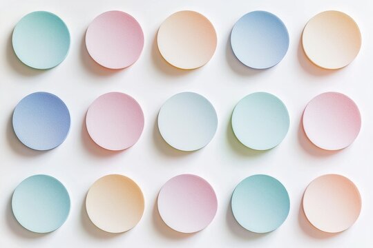 Pastel circles arranged in a grid pattern on white background, minimalist aesthetic with soft, muted tones creating a calming and contemporary design, great for backgrounds.