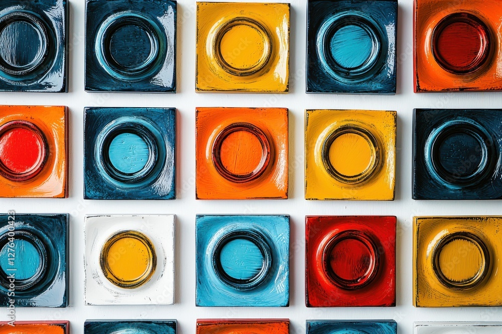 Poster vibrant colorful square art blocks with circular recesses, arranged in a striking pattern on a white