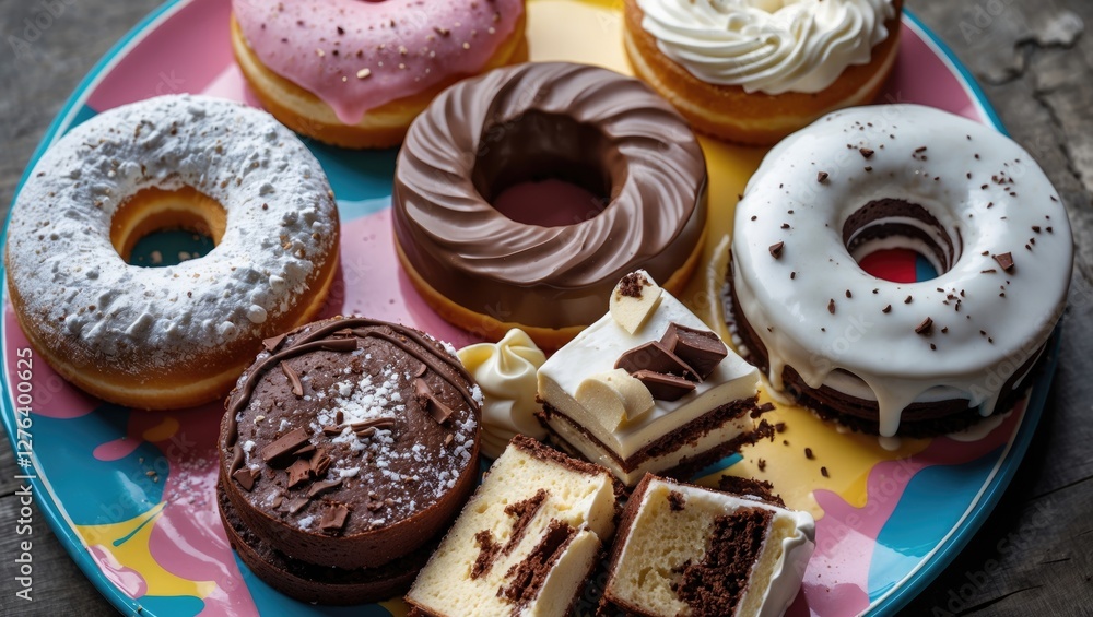 Poster assorted donuts and layered cakes displayed on a colorful round platter on a rustic wooden surface