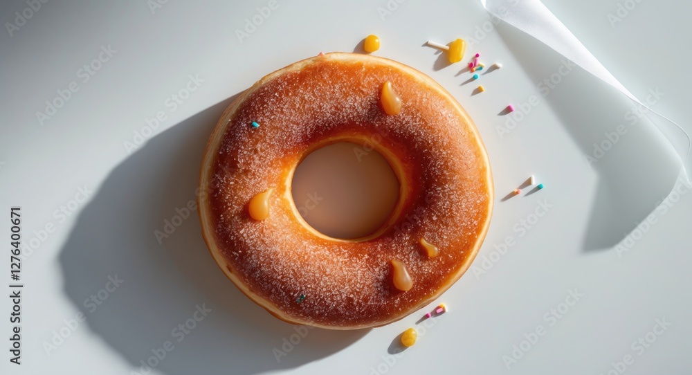 Poster glazed donut with colorful sprinkles and icing on a light background with soft shadows and highlight