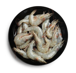 Fresh raw shrimps in bowl isolated on white, top view