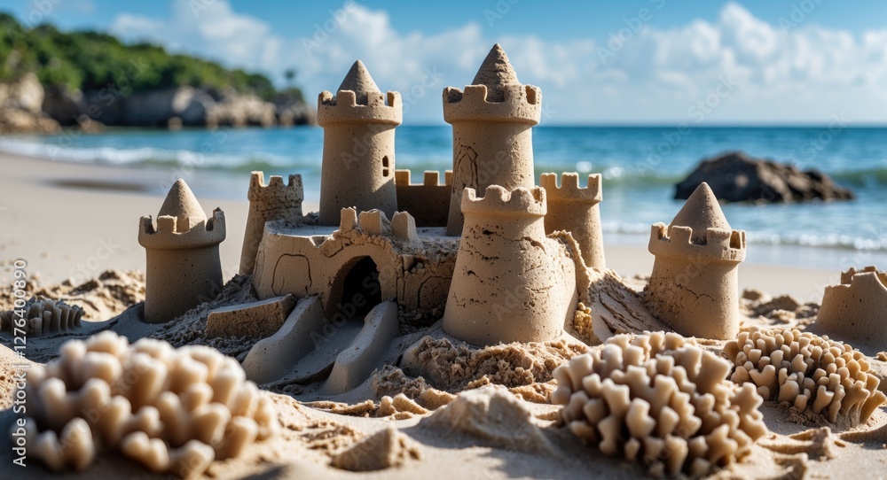 Poster sand castle built on a beach with ocean in the background and coral elements in the foreground under