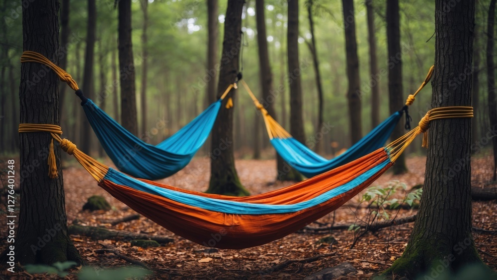 Poster colorful hammocks hanging between trees in a misty forest environment with fallen leaves on the grou