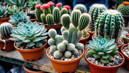 Fototapeta premium Assorted cacti and succulent plants in terracotta pots displayed in a garden center setting with vibrant flowers in background.