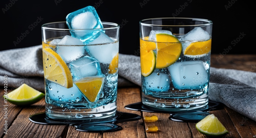 Poster glasses of sparkling water with ice cubes and lemon slices on a wooden table with lemon wedges and f