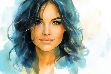 Fototapeta premium Portrait of a woman with wavy hair and expressive eyes in soft watercolor style