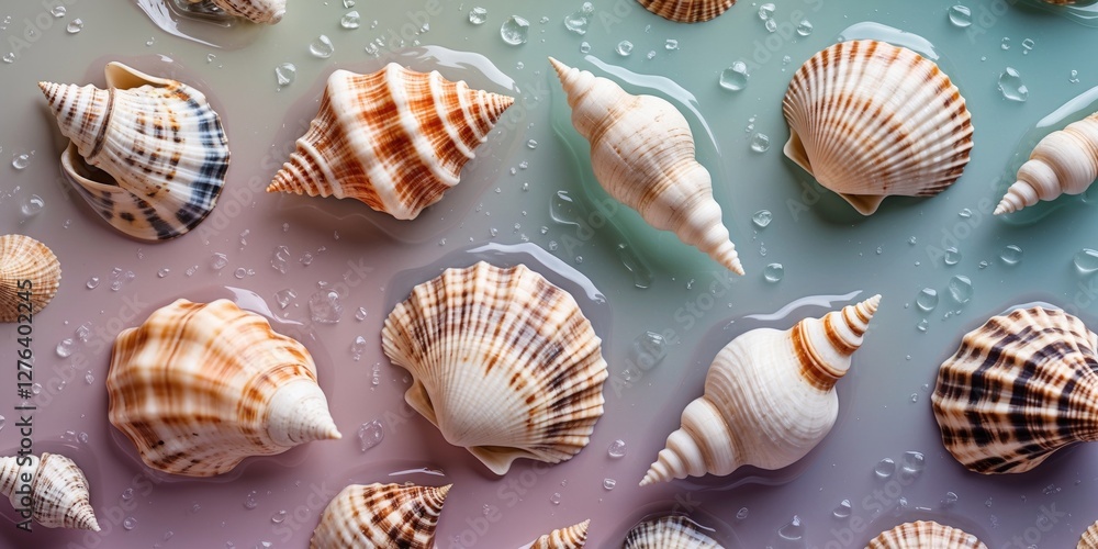 Poster pattern of assorted sea shells on a colorful background with water droplets highlighting their textu