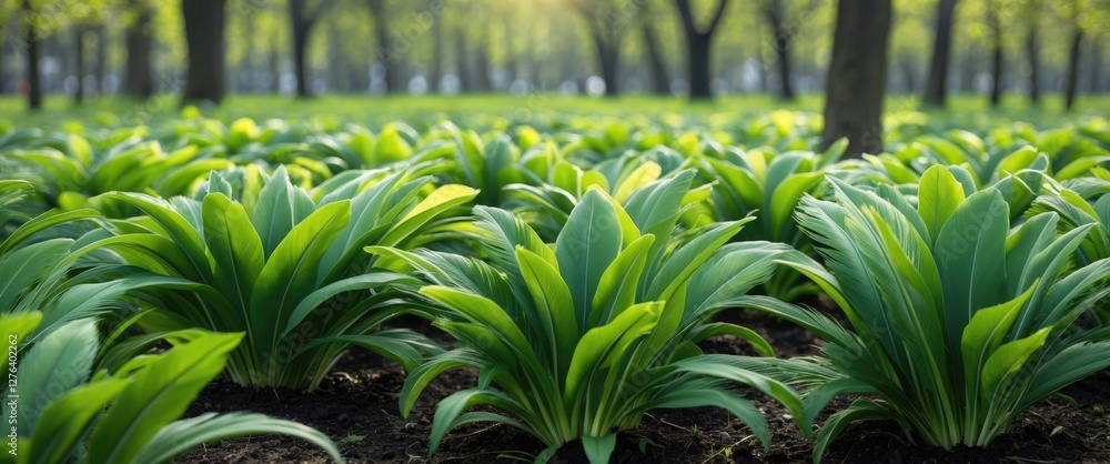 Poster lush green foliage in a park setting with vibrant leaves and natural light filtering through trees c