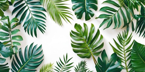 Tropical green leaves arranged on a light background natural patterns and textures flat lay photography