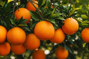 Fresh Oranges on the Tree, Ready to Harvest. Close-up view of ripe oranges hanging on a tree branch, with vibrant green leaves.