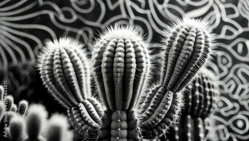 Poster black and white close-up of cacti with unique textures and patterns against a contrasting abstract b