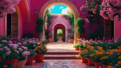 Fototapeta premium Vibrant garden courtyard with colorful flowers and potted plants framed by pink archways under a bright blue sky